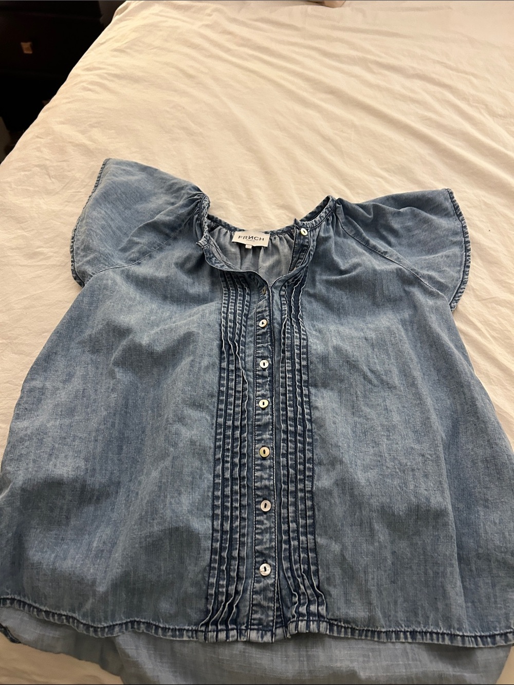 FRNCH Light Blue Denim Button-Down Pintuck Blouse - Picture 2 of 2